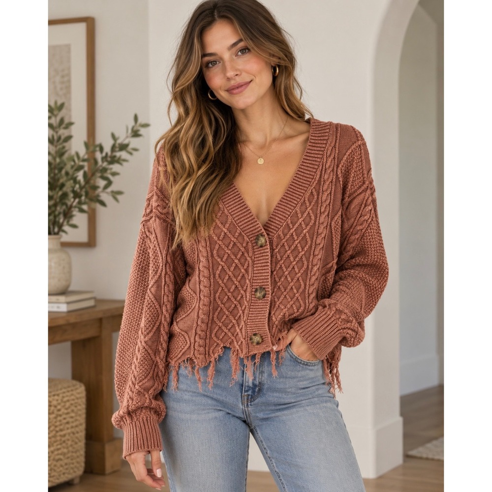 Gilded Intent Women's Medium Distressed Cable Knit Button Front Cardigan Sweater